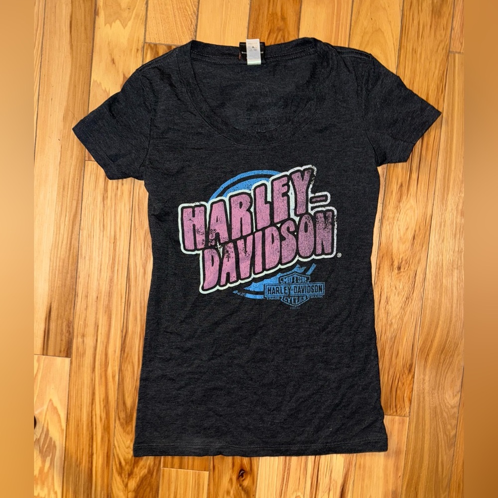 Harley-Davidson Charcoal Tee with Pink and Blue Logo